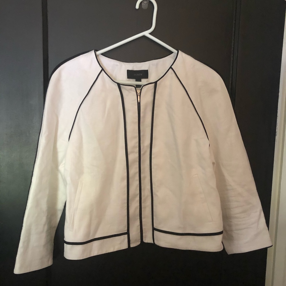 J Crew Herringbone Linen Jacket with Black Piping
